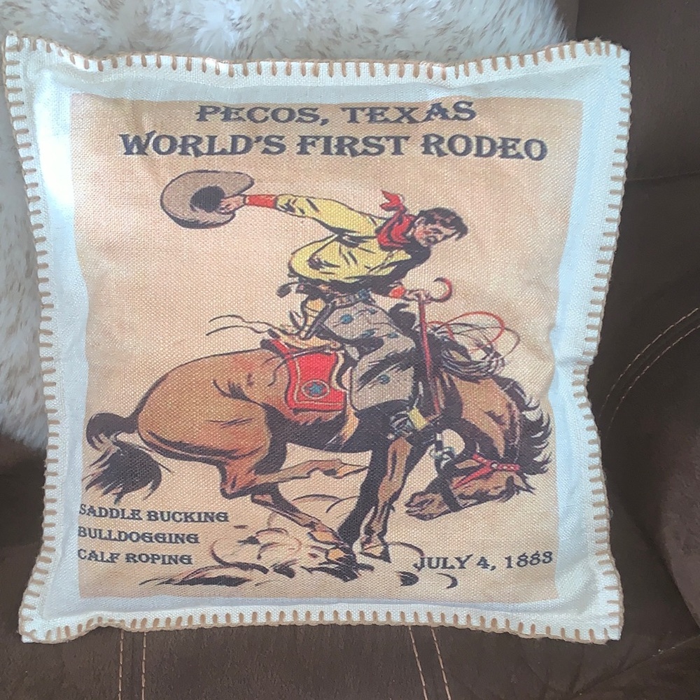 Vintage Rodeo Graphic Throw Pillow - Beige Cowboy Design